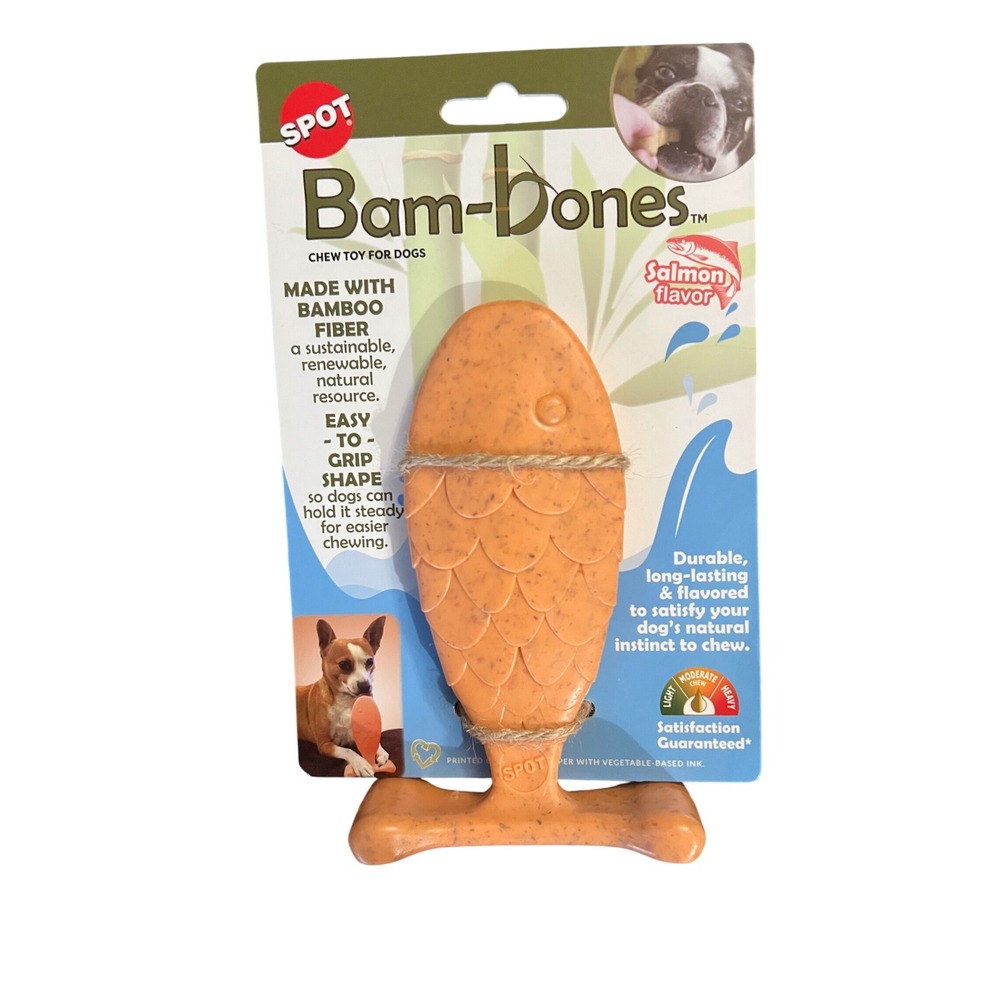 Spot Bam-Bones NWT Salmon Flavor Fish Dog Chew Toy Bamboo Fiber Orange 5.5"